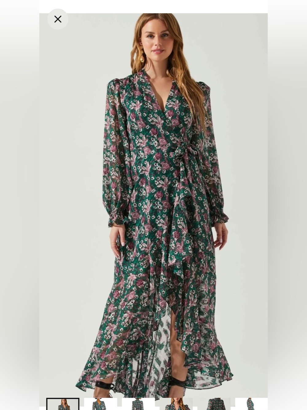 Astr Green Floral Wrap Maxi Dress with Pink Accents